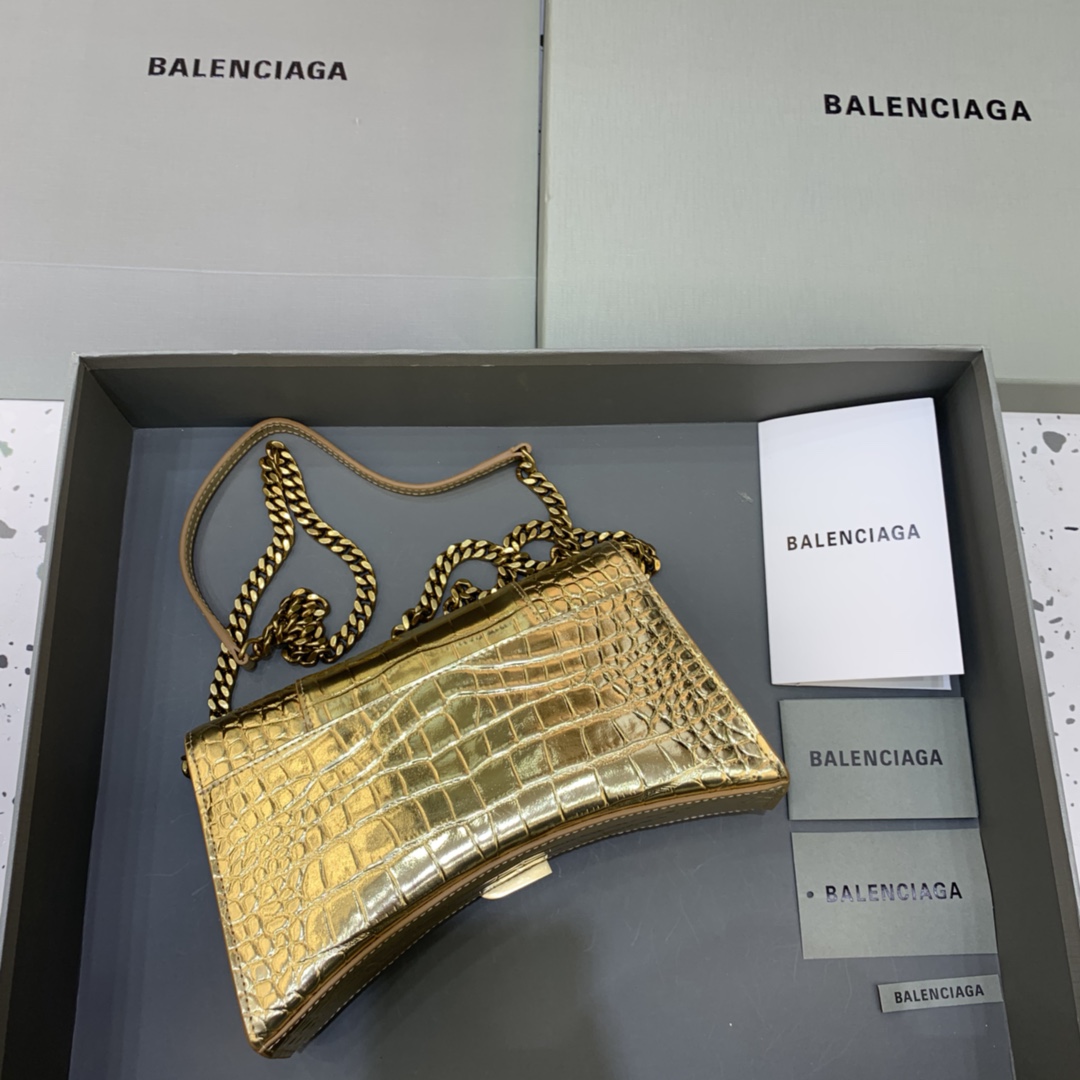 Balenciaga Big Hourglass Wallet With Chain Crocodile Embossed Shoulder Bag Gold